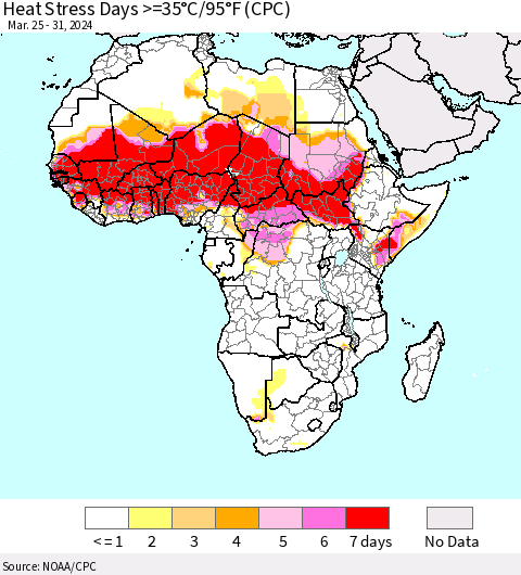 Africa Heat Stress Days >=35°C/95°F (CPC) Thematic Map For 3/25/2024 - 3/31/2024