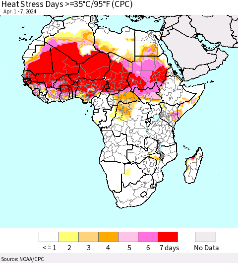 Africa Heat Stress Days >=35°C/95°F (CPC) Thematic Map For 4/1/2024 - 4/7/2024
