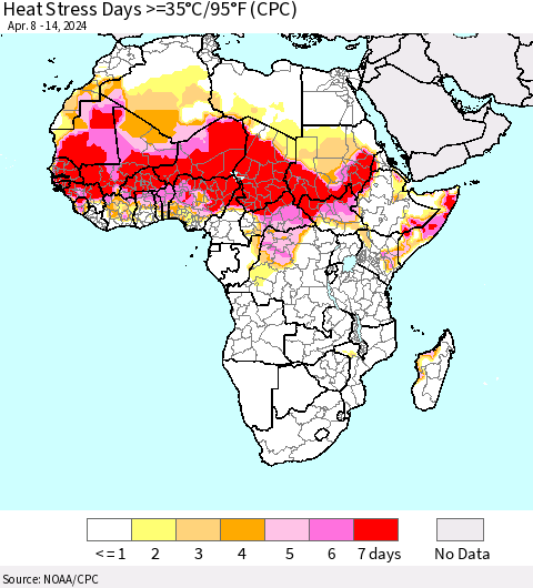 Africa Heat Stress Days >=35°C/95°F (CPC) Thematic Map For 4/8/2024 - 4/14/2024