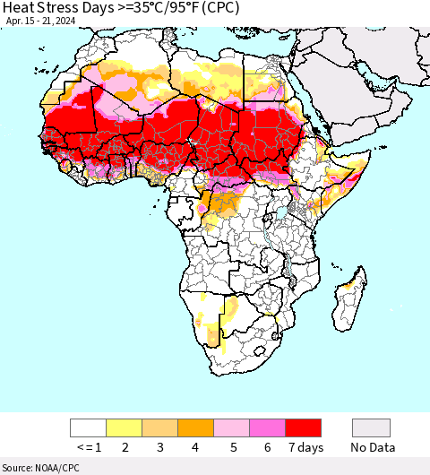 Africa Heat Stress Days >=35°C/95°F (CPC) Thematic Map For 4/15/2024 - 4/21/2024