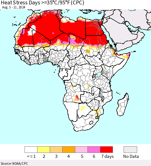 Africa Heat Stress Days >=35°C/95°F (CPC) Thematic Map For 8/5/2024 - 8/11/2024