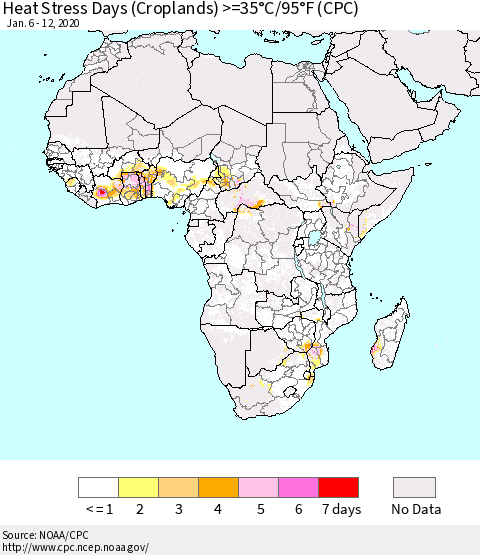 Africa Heat Stress Days (Croplands) >=35°C/95°F (CPC) Thematic Map For 1/6/2020 - 1/12/2020