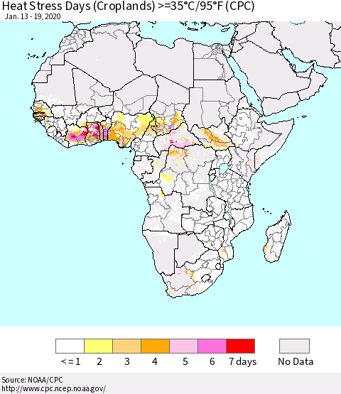 Africa Heat Stress Days (Croplands) >=35°C/95°F (CPC) Thematic Map For 1/13/2020 - 1/19/2020