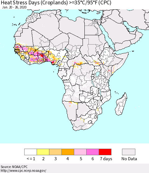 Africa Heat Stress Days (Croplands) >=35°C/95°F (CPC) Thematic Map For 1/20/2020 - 1/26/2020