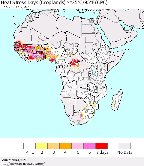 Africa Heat Stress Days (Croplands) >=35°C/95°F (CPC) Thematic Map For 1/27/2020 - 2/2/2020