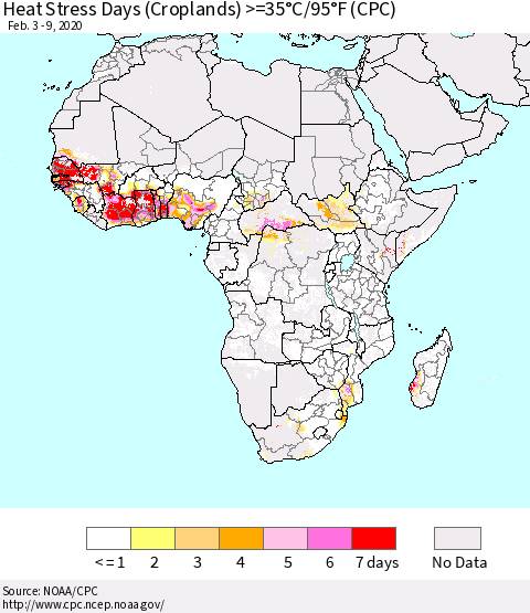 Africa Heat Stress Days (Croplands) >=35°C/95°F (CPC) Thematic Map For 2/3/2020 - 2/9/2020