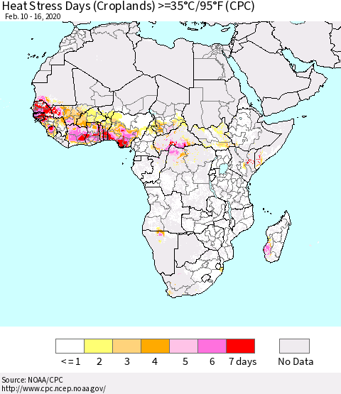 Africa Heat Stress Days (Croplands) >=35°C/95°F (CPC) Thematic Map For 2/10/2020 - 2/16/2020