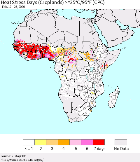 Africa Heat Stress Days (Croplands) >=35°C/95°F (CPC) Thematic Map For 2/17/2020 - 2/23/2020