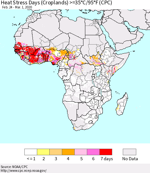 Africa Heat Stress Days (Croplands) >=35°C/95°F (CPC) Thematic Map For 2/24/2020 - 3/1/2020