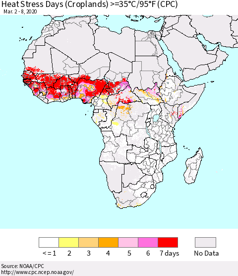 Africa Heat Stress Days (Croplands) >=35°C/95°F (CPC) Thematic Map For 3/2/2020 - 3/8/2020