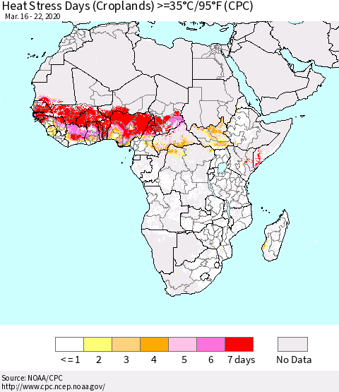 Africa Heat Stress Days (Croplands) >=35°C/95°F (CPC) Thematic Map For 3/16/2020 - 3/22/2020