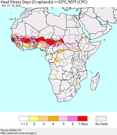 Africa Heat Stress Days (Croplands) >=35°C/95°F (CPC) Thematic Map For 3/23/2020 - 3/29/2020