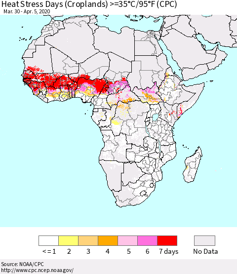 Africa Heat Stress Days (Croplands) >=35°C/95°F (CPC) Thematic Map For 3/30/2020 - 4/5/2020