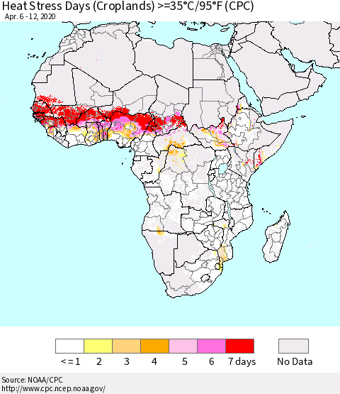 Africa Heat Stress Days (Croplands) >=35°C/95°F (CPC) Thematic Map For 4/6/2020 - 4/12/2020