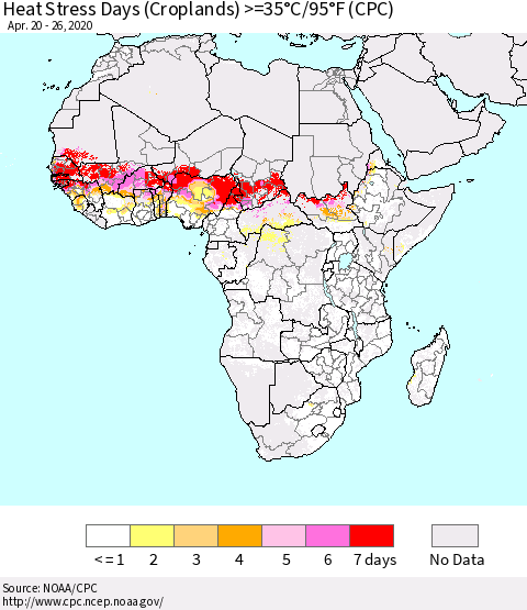 Africa Heat Stress Days (Croplands) >=35°C/95°F (CPC) Thematic Map For 4/20/2020 - 4/26/2020