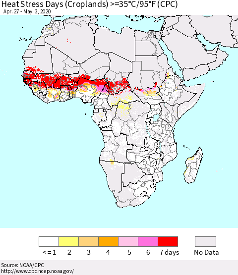 Africa Heat Stress Days (Croplands) >=35°C/95°F (CPC) Thematic Map For 4/27/2020 - 5/3/2020