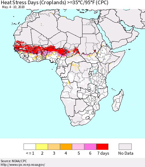 Africa Heat Stress Days (Croplands) >=35°C/95°F (CPC) Thematic Map For 5/4/2020 - 5/10/2020