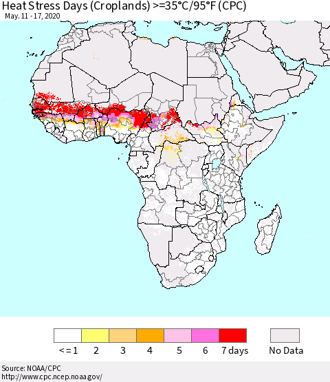 Africa Heat Stress Days (Croplands) >=35°C/95°F (CPC) Thematic Map For 5/11/2020 - 5/17/2020