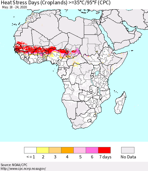 Africa Heat Stress Days (Croplands) >=35°C/95°F (CPC) Thematic Map For 5/18/2020 - 5/24/2020