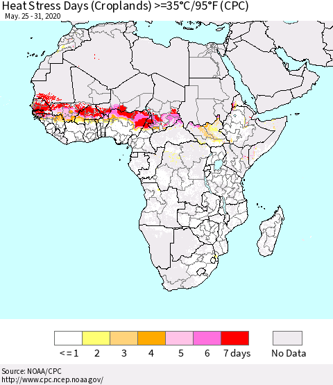 Africa Heat Stress Days (Croplands) >=35°C/95°F (CPC) Thematic Map For 5/25/2020 - 5/31/2020