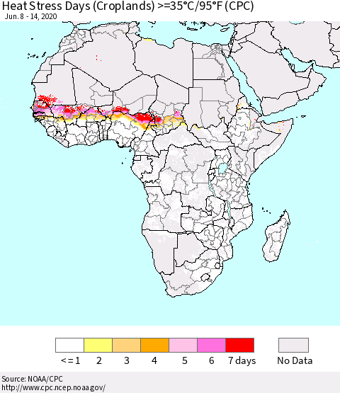 Africa Heat Stress Days (Croplands) >=35°C/95°F (CPC) Thematic Map For 6/8/2020 - 6/14/2020
