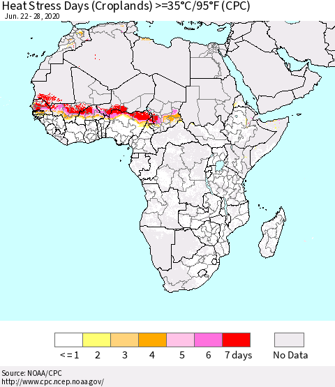 Africa Heat Stress Days (Croplands) >=35°C/95°F (CPC) Thematic Map For 6/22/2020 - 6/28/2020