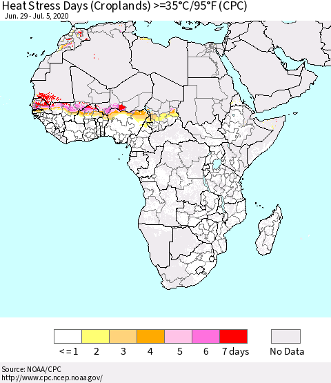 Africa Heat Stress Days (Croplands) >=35°C/95°F (CPC) Thematic Map For 6/29/2020 - 7/5/2020