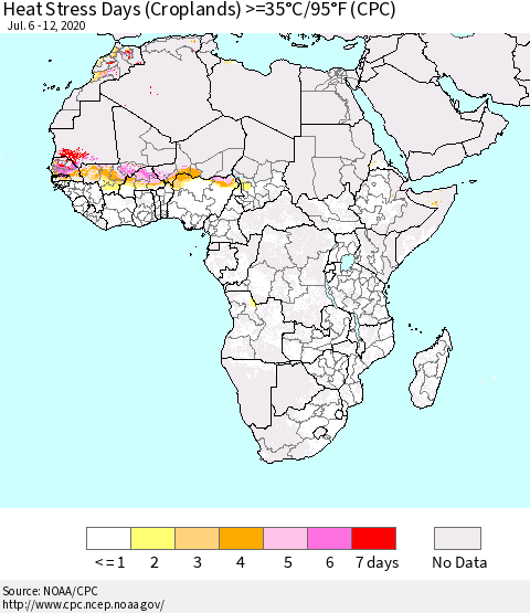 Africa Heat Stress Days (Croplands) >=35°C/95°F (CPC) Thematic Map For 7/6/2020 - 7/12/2020