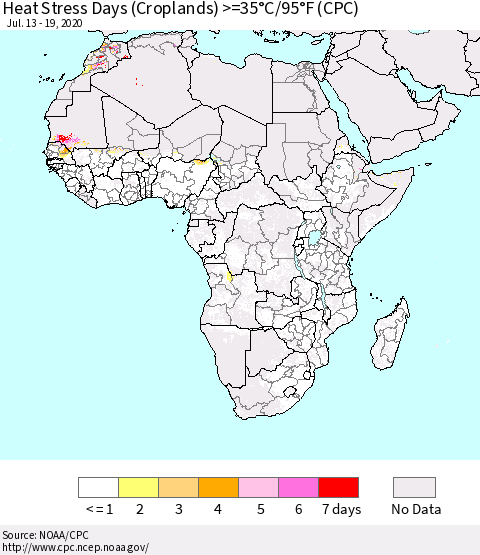 Africa Heat Stress Days (Croplands) >=35°C/95°F (CPC) Thematic Map For 7/13/2020 - 7/19/2020