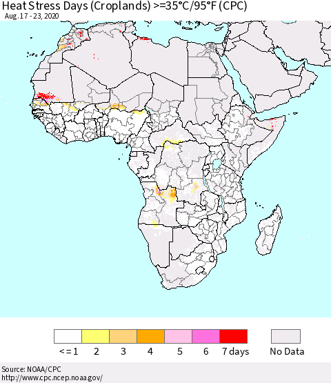 Africa Heat Stress Days (Croplands) >=35°C/95°F (CPC) Thematic Map For 8/17/2020 - 8/23/2020