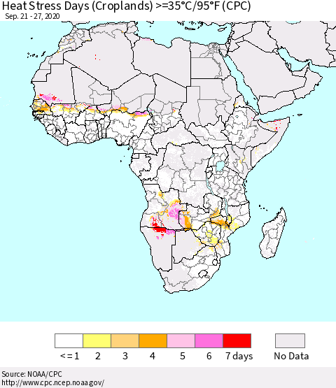 Africa Heat Stress Days (Croplands) >=35°C/95°F (CPC) Thematic Map For 9/21/2020 - 9/27/2020