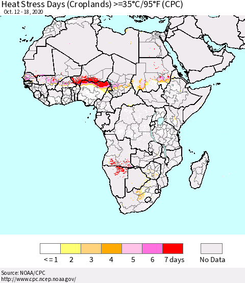 Africa Heat Stress Days (Croplands) >=35°C/95°F (CPC) Thematic Map For 10/12/2020 - 10/18/2020