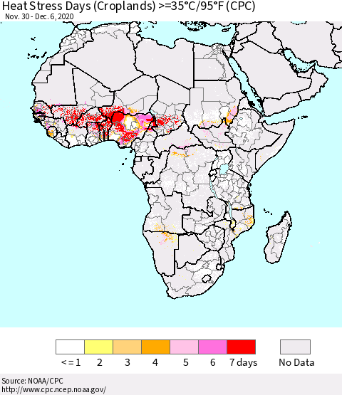 Africa Heat Stress Days (Croplands) >=35°C/95°F (CPC) Thematic Map For 11/30/2020 - 12/6/2020