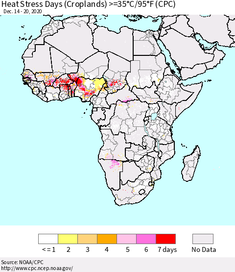 Africa Heat Stress Days (Croplands) >=35°C/95°F (CPC) Thematic Map For 12/14/2020 - 12/20/2020