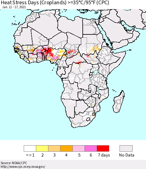 Africa Heat Stress Days (Croplands) >=35°C/95°F (CPC) Thematic Map For 1/11/2021 - 1/17/2021
