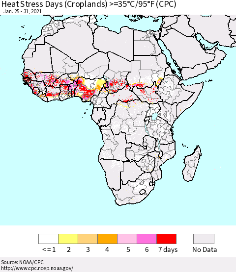 Africa Heat Stress Days (Croplands) >=35°C/95°F (CPC) Thematic Map For 1/25/2021 - 1/31/2021