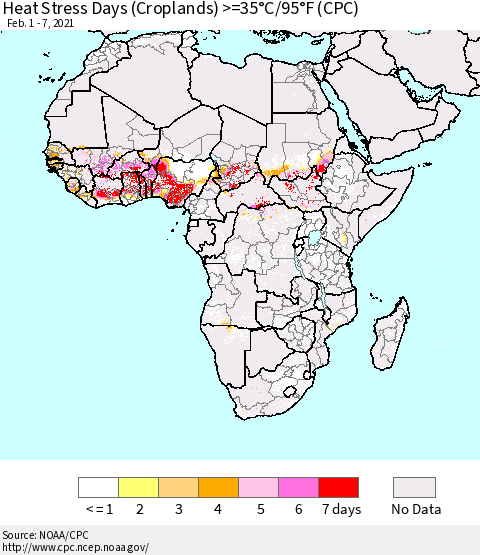 Africa Heat Stress Days (Croplands) >=35°C/95°F (CPC) Thematic Map For 2/1/2021 - 2/7/2021