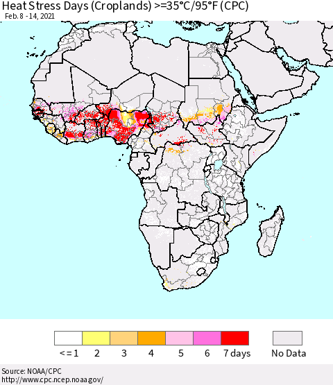 Africa Heat Stress Days (Croplands) >=35°C/95°F (CPC) Thematic Map For 2/8/2021 - 2/14/2021
