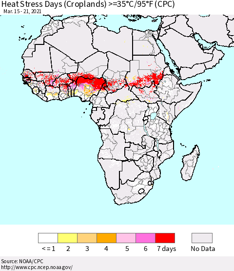 Africa Heat Stress Days (Croplands) >=35°C/95°F (CPC) Thematic Map For 3/15/2021 - 3/21/2021