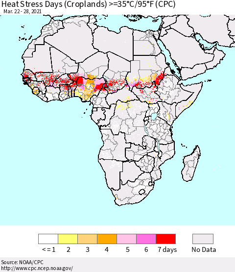 Africa Heat Stress Days (Croplands) >=35°C/95°F (CPC) Thematic Map For 3/22/2021 - 3/28/2021