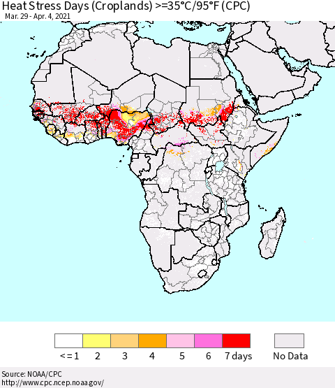 Africa Heat Stress Days (Croplands) >=35°C/95°F (CPC) Thematic Map For 3/29/2021 - 4/4/2021