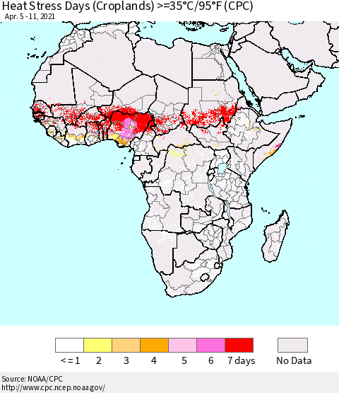 Africa Heat Stress Days (Croplands) >=35°C/95°F (CPC) Thematic Map For 4/5/2021 - 4/11/2021