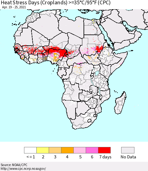 Africa Heat Stress Days (Croplands) >=35°C/95°F (CPC) Thematic Map For 4/19/2021 - 4/25/2021