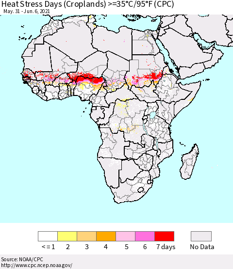 Africa Heat Stress Days (Croplands) >=35°C/95°F (CPC) Thematic Map For 5/31/2021 - 6/6/2021