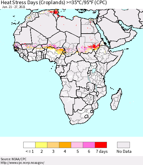 Africa Heat Stress Days (Croplands) >=35°C/95°F (CPC) Thematic Map For 6/21/2021 - 6/27/2021