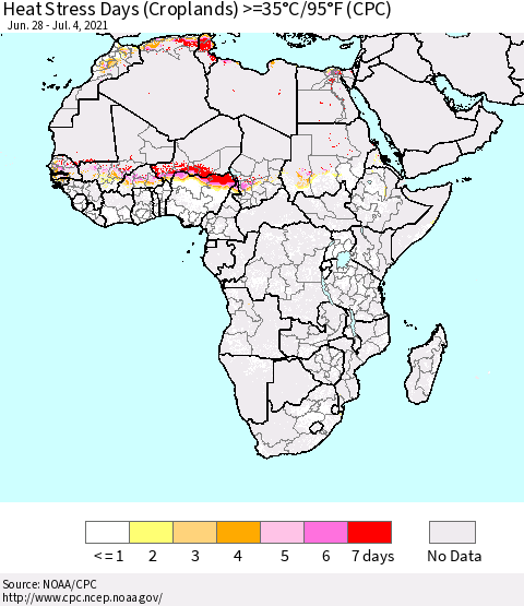 Africa Heat Stress Days (Croplands) >=35°C/95°F (CPC) Thematic Map For 6/28/2021 - 7/4/2021