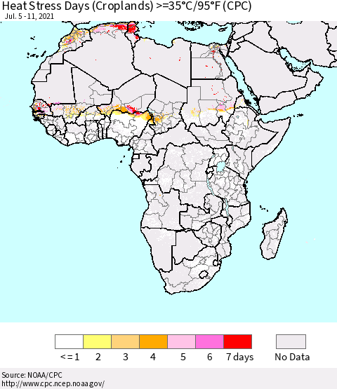 Africa Heat Stress Days (Croplands) >=35°C/95°F (CPC) Thematic Map For 7/5/2021 - 7/11/2021
