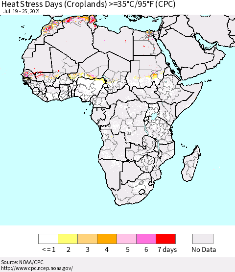 Africa Heat Stress Days (Croplands) >=35°C/95°F (CPC) Thematic Map For 7/19/2021 - 7/25/2021