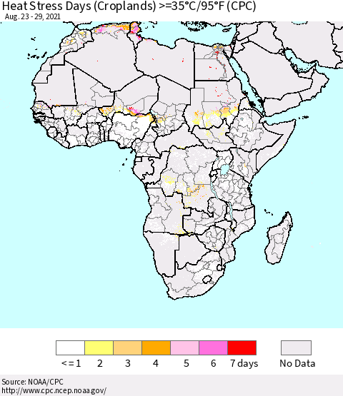 Africa Heat Stress Days (Croplands) >=35°C/95°F (CPC) Thematic Map For 8/23/2021 - 8/29/2021