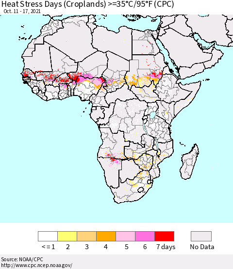 Africa Heat Stress Days (Croplands) >=35°C/95°F (CPC) Thematic Map For 10/11/2021 - 10/17/2021
